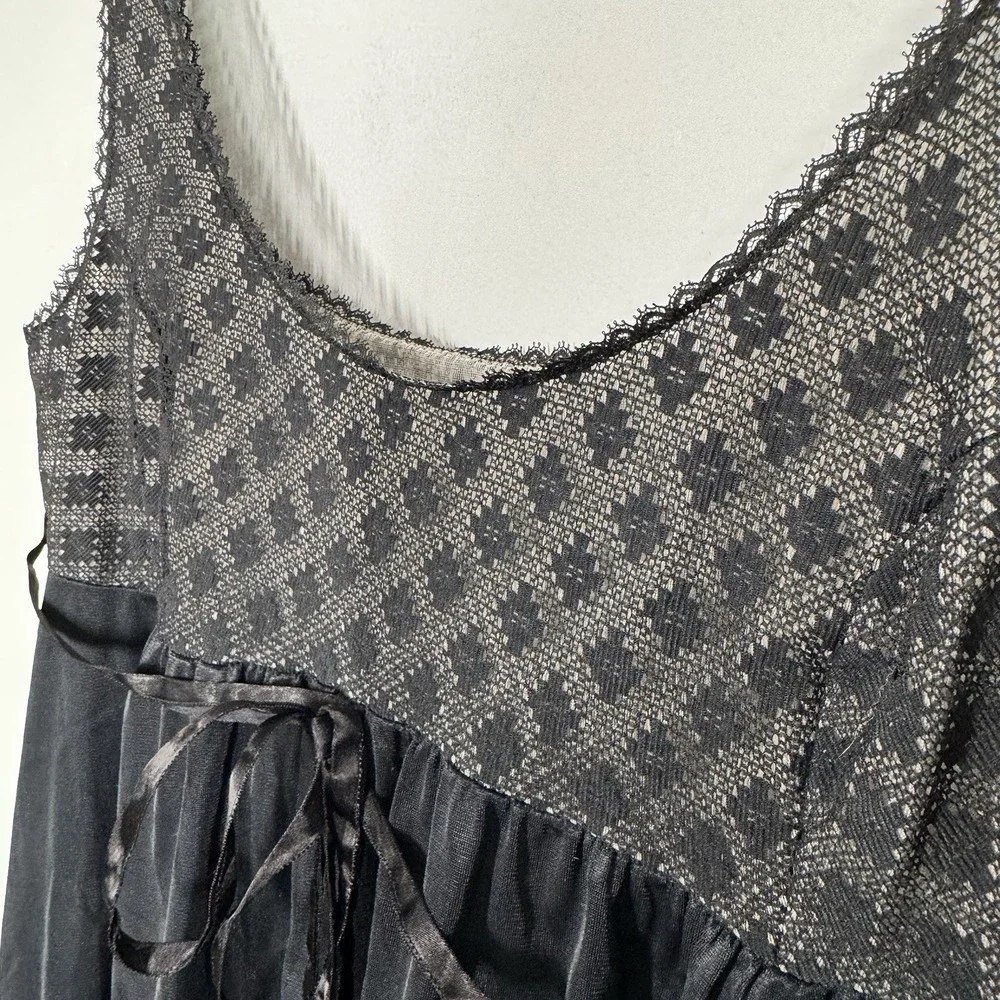 VTG 70s Formfit Rogers Black Maxi Slip Dress Negligee Peignoir Nightgown Lace‎ M